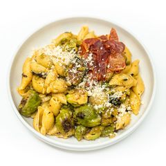 A picture of Brussels Sprouts Carbonara with Browned Butter, Miso, and Crispy Prosciutto.