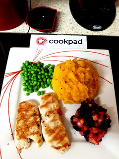 A picture of My Grilled Chicken with Butternut Squash Potatoes and cold Salad.