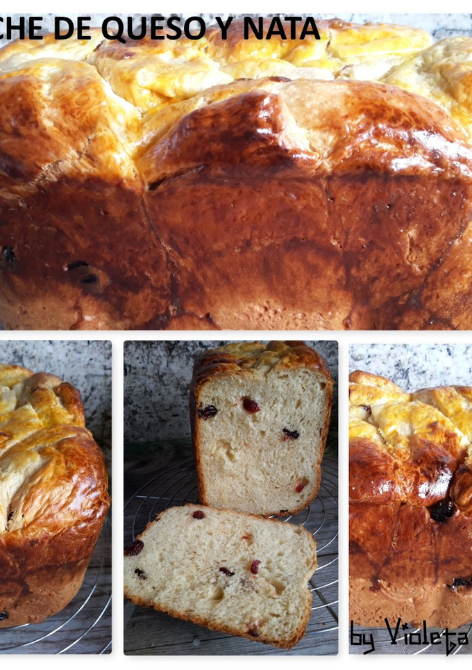 Una foto de Brioche de queso y nata (con puñado de arándanos secos, en panificadora)