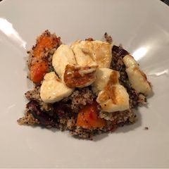 A picture of Haloumi quinoa with roasted beetroot & squash.