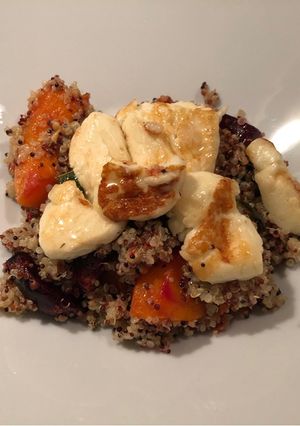 A picture of Haloumi quinoa with roasted beetroot & squash.