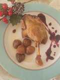 Confit de Canard con salsa de arándanos y castañas en almíbar en un plis plas