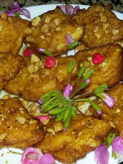 A picture of Stale Bread with Eggs, Milk, Honey, and Peanuts.