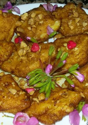 A picture of Stale Bread with Eggs, Milk, Honey, and Peanuts.