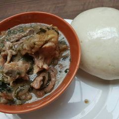 A picture of Nsala soup with pounded yam.