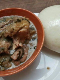 A picture of Nsala soup with pounded yam.