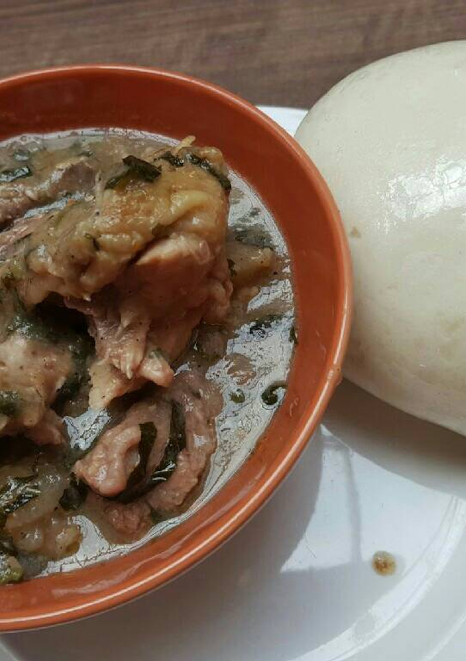 A picture of Nsala soup with pounded yam.