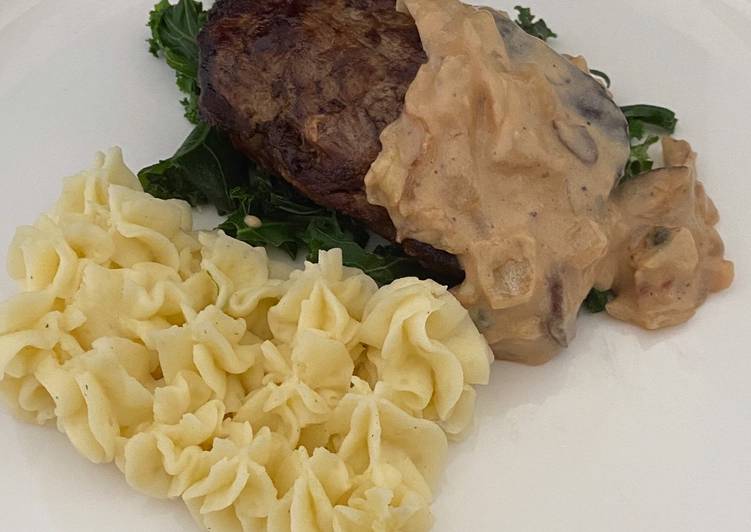 Recipe of Speedy Filet Mignon With Creamy Mashed Potato And kale, Served With A Peppercorn Sauce