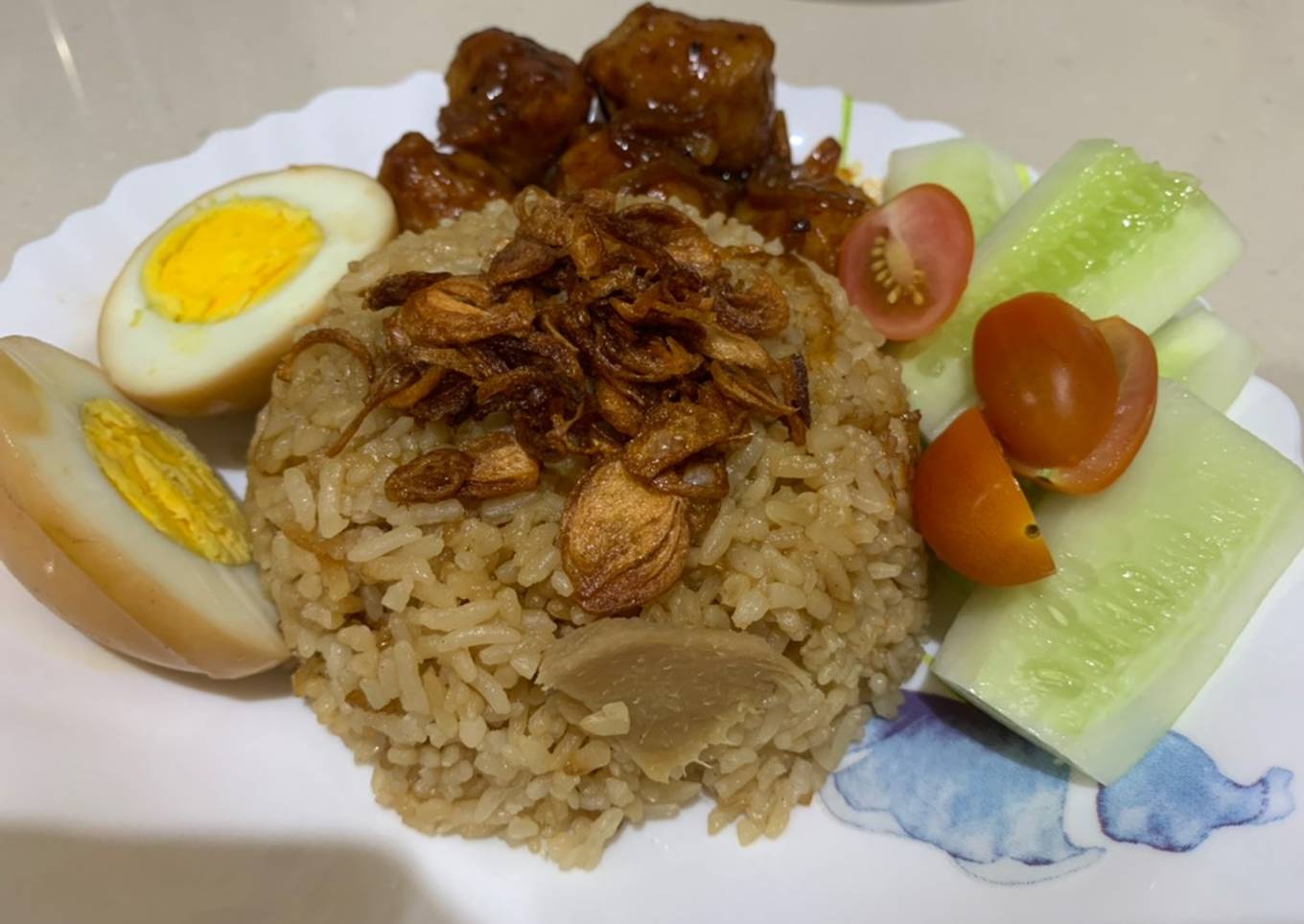 Nasi ayam bakso saus bbq