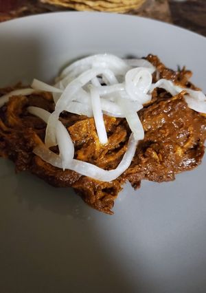 Una foto de Mole doña María con pollo deshebrado