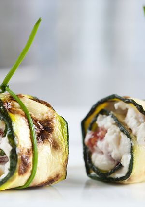 A picture of Zucchini stuffed with Savory Tofu Spread.