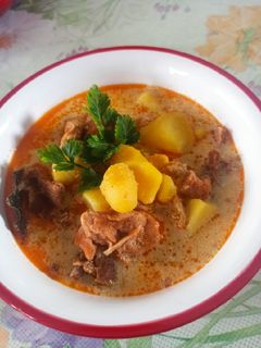 Húsos, habart krumplileves recept fotója