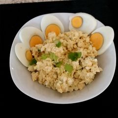 A picture of My Egg,Spring onion and Soft Cheese mix#Breakfast#Lunch.