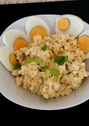 A picture of My Egg,Spring onion and Soft Cheese mix#Breakfast#Lunch.