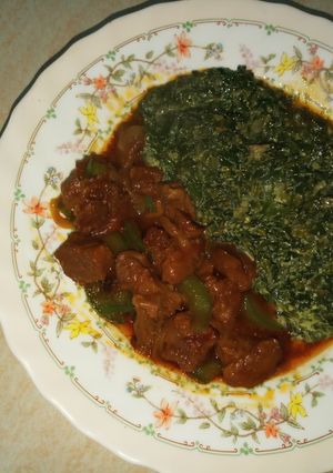 A picture of Wet fry meat with kienyeji vegetables.#author's marathon.