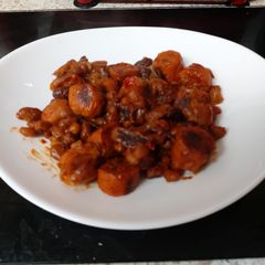 Spanish Chorizo Sausages and,mixed Beans. 🥰 A picture of Spanish Chorizo Sausages and,mixed Beans. 🥰.