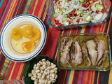 Perdiz escabechada. Ensalada de judías blancas con vegetales