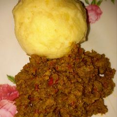 A picture of Mashed Potatoes and Minced Meat Sauce.