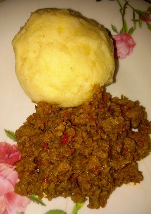 A picture of Mashed Potatoes and Minced Meat Sauce.
