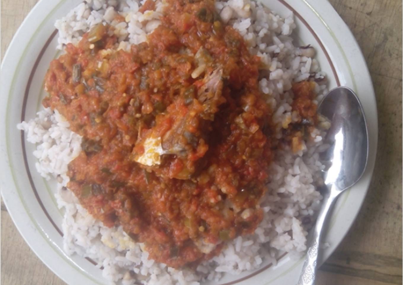 Rice and beans with fish stew