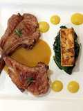 Lamb Cutlets with Corn Puree, Celeriac Fondant, Spinach and Mushroom Sauce