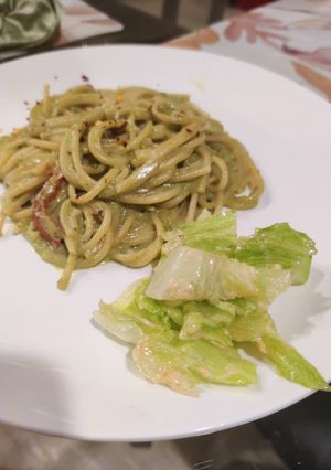 A picture of Pesto pasta.
