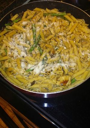 A picture of Penne with Chicken, Asparagus, and Fresh Rosemary.