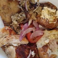 A picture of Roast chicken dinner with extras. Airfyer.