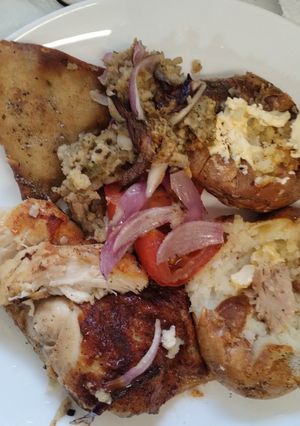 A picture of Roast chicken dinner with extras. Airfyer.