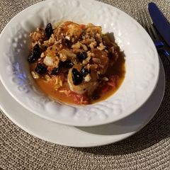 A picture of Steamed Orange Shrimp and Spanish Rice.