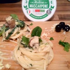 Mascarpone cheese pasta with mushroom and spinach A picture of Mascarpone cheese pasta with mushroom and spinach.