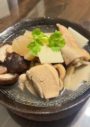A picture of Chicken Soup with Preserved Winter Melon, Shiitake Mushrooms, and Bamboo Shoots.