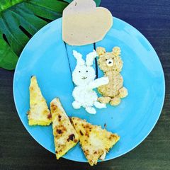 A picture of Fried Cereal Tofu Recipe [Bunny holds on to brown bear].