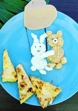 A picture of Fried Cereal Tofu Recipe [Bunny holds on to brown bear].