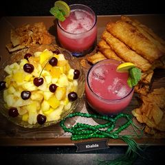 #SpringRolls,FruitChat and Falsa Sharbat A picture of #SpringRolls,FruitChat and Falsa Sharbat.