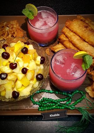 A picture of #SpringRolls,FruitChat and Falsa Sharbat.