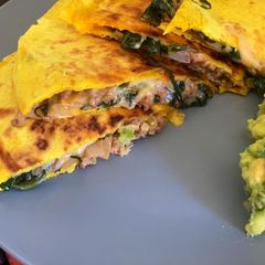 A picture of Cheesy Beef Quesadilla + Guacamole.