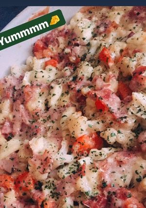 Une photo de Gratin de choux-fleurs au brie et jambon crus