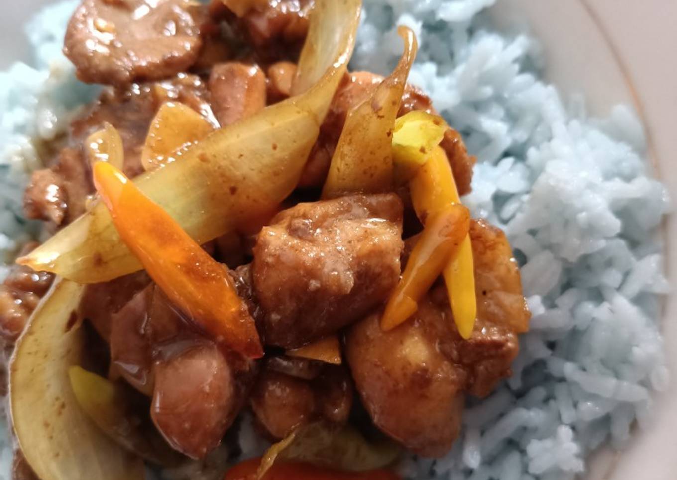 Ayam goreng mentega w/ blue rice