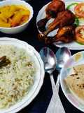 Tandoori Chicken Lollipop, Potato Curry, Roti, and Fried Rice