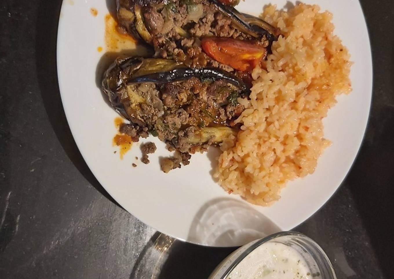 Tomatoe rice,eggplant with minced meat and cucumber mint yoghurt