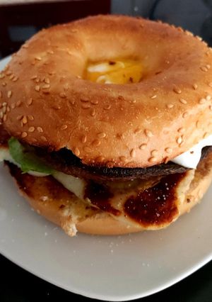 A picture of My Breakfast Bagel Sandwich, Portobello Mushroom 🥑 + 🥚 😍.