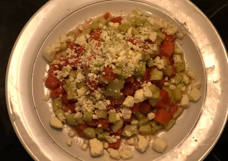 Easy Cheese Watermelon 🍉 & Cucumber Salad with feta cheese tossed in Italian dressing