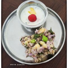 A picture of Fasting Special - Kand or Indian purple Yam Aloo Sabzi with Pineapple Strawberry Mint flavor Dip.