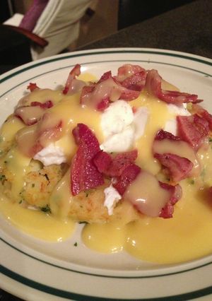 A picture of Bacon Rosti with Hollandaise Sauce.