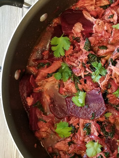 A picture of Chicken Curry with Roast Beets.