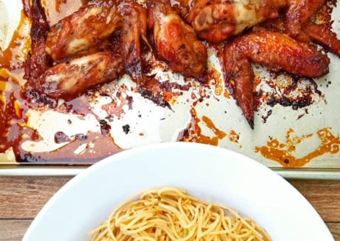 Spaghetti Aglio Olio with Lemon and Honey Chicken Wings