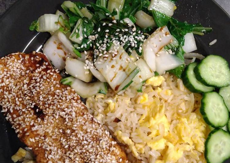 Simple Way to Make Super Quick Homemade Sesame salmon with egg fried rice and paksoy