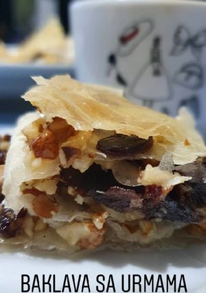 A picture of Baklava with dates.