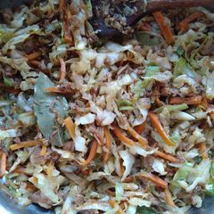 A picture of Sautéed cabbage and carrot with tuna.